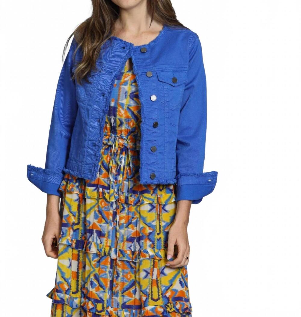 NEW APNY collarless jean jacket with frayed detail in dazzling blue